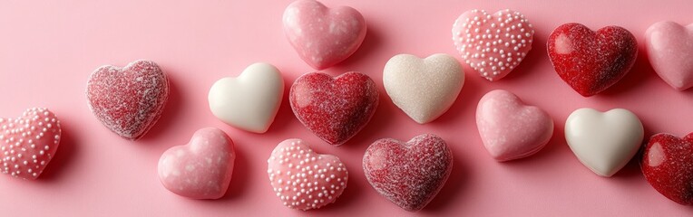 Obraz premium Border of pink and red hearts on soft pink background. Great for cards, advertisements, and social media posts.