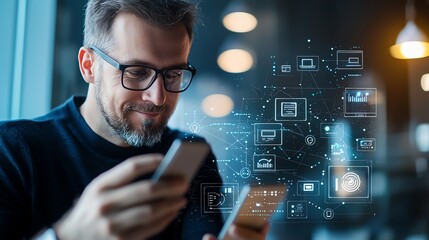 A focused man checks his smartphone while engaging with a digital interface. The blend of technology and human interaction highlights modern connectivity in everyday life.