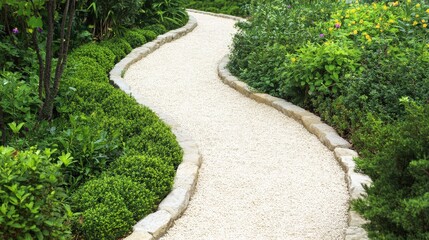 Obraz premium Serene winding garden pathway surrounded by lush greenery and vibrant flowers in bloom