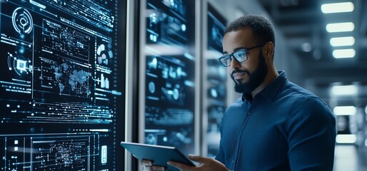 A focused professional analyzing data on a tablet in a futuristic, high-tech environment. Screens display digital information, showcasing advancements in technology and innovation.