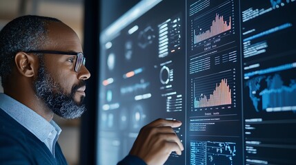 A focused professional analyzing data on an interactive digital screen in a modern office environment