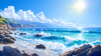 A panoramic view of the ocean with waves crashing against rocky shores under a clear blue sky and bright sunlight. Sapphire Shores. Illustration
