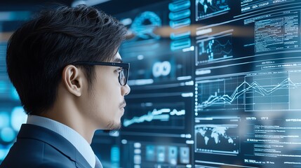 A focused professional analyzing data on multiple screens, showcasing modern technology and business intelligence in a corporate environment