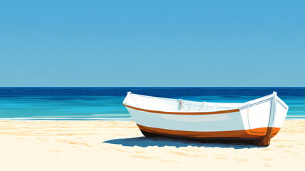 Naklejka premium A serene beach scene featuring a white and orange boat resting on sandy shores under a clear blue sky. Sapphire Shores. Illustration