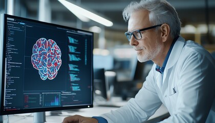A focused scientist analyzes brain data on a computer screen, showcasing advanced technology and research in neuroscience and data analysis