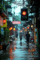 Busy street in a rainy city with streetlights illuminating puddled pavement during early evening hours