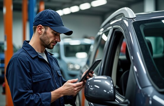 Auto mechanic uses tablet to diagnose car at service center. Pro technician inspects vehicle. Digital tech supports repair process. Modern tools for car maintenance. Automotive shop setting. Focus on