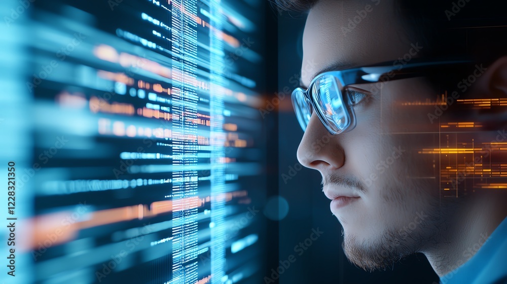 Poster a focused young man wearing glasses interacts with digital code and data on a screen, showcasing mod
