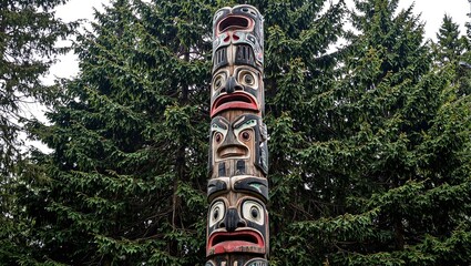 Vibrant totem pole against green forest backdrop