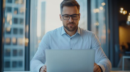 A focused young man in glasses is working on his laptop in a modern office setting, surrounded by large windows overlooking a cityscape