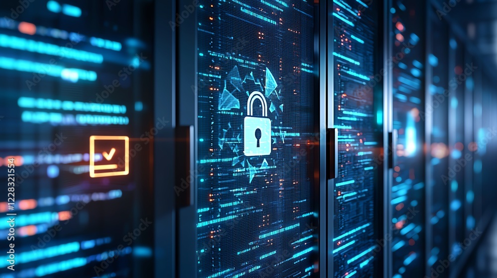 Aufkleber a futuristic digital environment showcasing secure data storage with glowing servers and padlock sym
