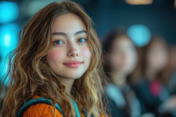 Girl with curly hair smiling in a modern indoor setting during daytime