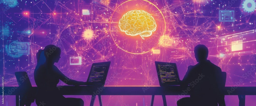 Fototapete a banner for an online course on ai and web development, featuring two figures sitting at desks in f