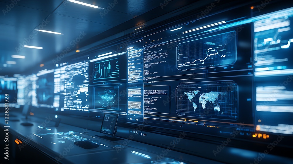 Poster a high-tech control room featuring advanced data screens and analytics. this futuristic environment 