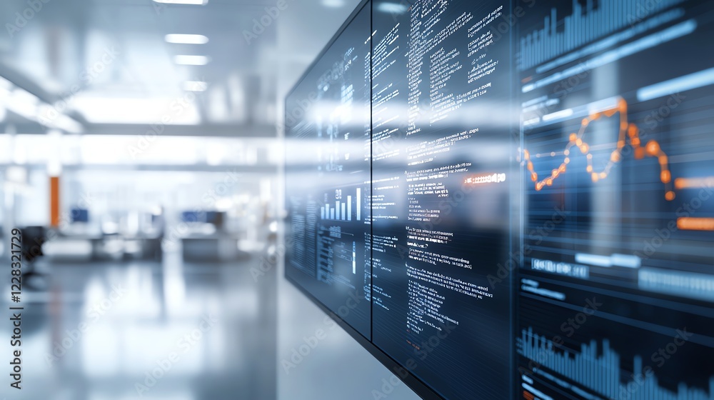 Poster a high-tech digital display shows complex data analytics in a modern office space. the sleek design 