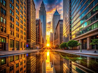 Fototapeta premium Retro Art Deco Cityscape: Geometric Street, Twin Suns, Skyscrapers