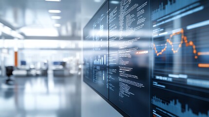 A high-tech digital display shows complex data analytics in a modern office space. The sleek design reflects efficiency and innovation in a corporate environment.