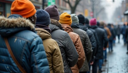 Long line of people waits in cold weather at community soup kitchen. People stand in queue for food assistance. Homeless people seek nourishment. Community response to crisis. Scene of poverty. Urban