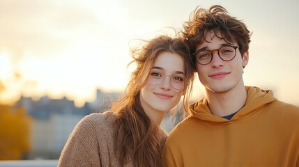 A joyful couple stands close together with warm smiles, basking in the soft light of sunset. Their expressions reflect happiness and connection in a serene urban environment.