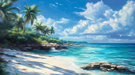 Obraz premium A stunning tropical beach scene with crystal clear turquoise waters white sandy shores and swaying palm trees creating a tranquil and idyllic paradise landscape. Sapphire Shores. Illustration