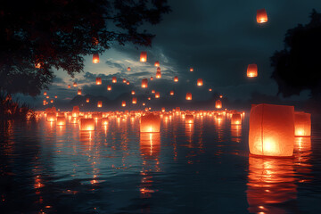 Enchanting night scene of a Lantern Festival with glowing paper lanterns illuminating the darkness, creating a magical and festive atmosphere
