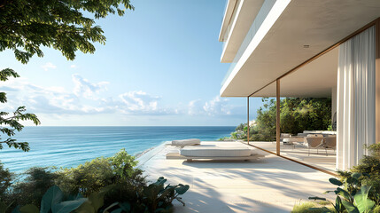 A tranquil ocean view featuring sandy shores and lush greenery, capturing the essence of a serene coastal escape. Sapphire Shores. Illustration