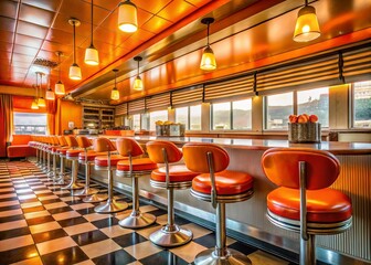 Retro Diner Interior: Orange Accents, Vintage Vibes, 50s Style Restaurant