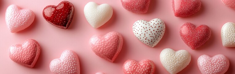 Obraz premium Border of pink and red hearts on soft pink background. Great for cards, advertisements, and social media posts.
