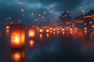 Enchanting night scene of a Lantern Festival with beautifully glowing paper lanterns illuminating the dark sky and creating a magical atmosphere
