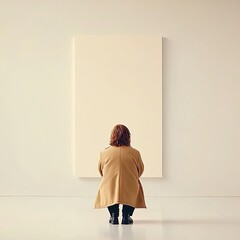 Contemplative Person Sitting on Floor in Front of Blank Canvas in Minimalist Art Space