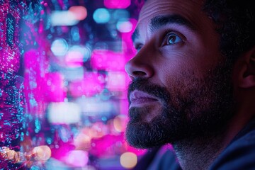 Engaging with digital technology and data visualization in a modern setting at night