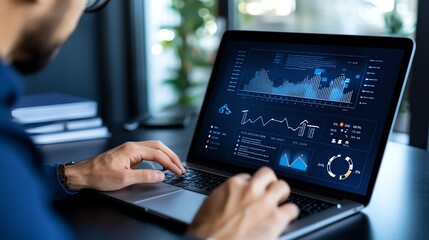 A professional analyzing data on a laptop, highlighting the importance of technology in decision-making and strategic planning in business environments.