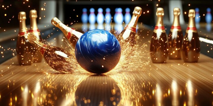 Captivating image of a bowling ball striking pins, creating a vibrant splash of action. Perfect for sports promotions, entertainment, and recreational activities.