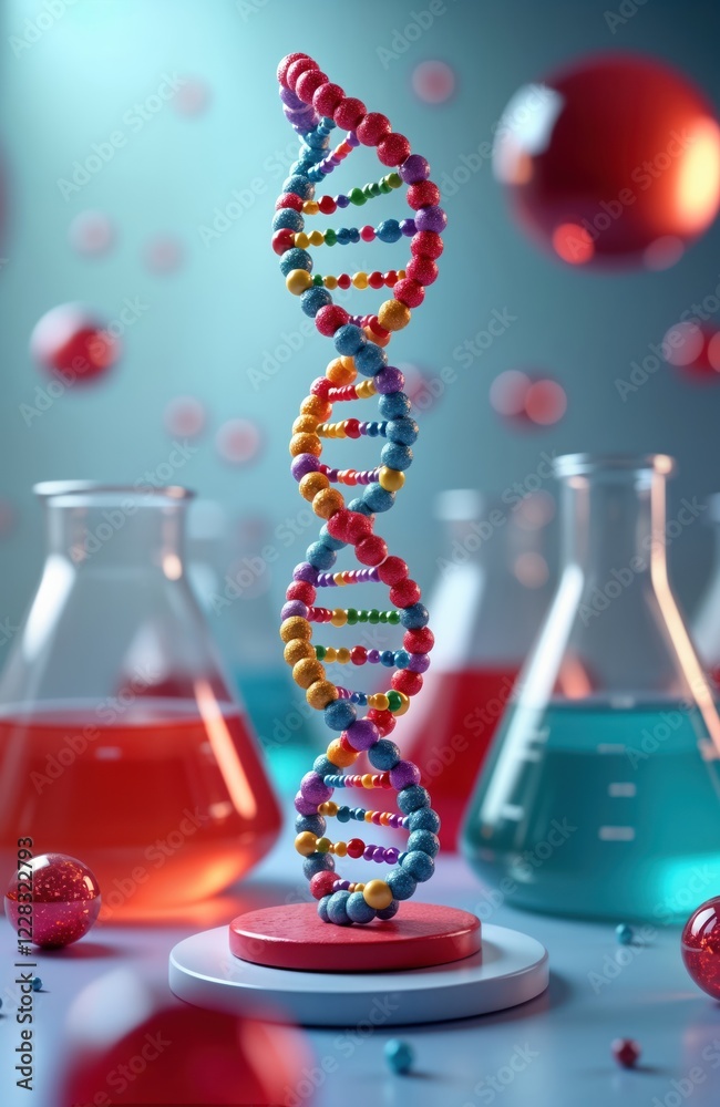 Poster colorful dna model stands on platform in laboratory setting. colorful beakers, flasks fill scene. mo