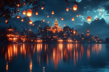Obraz premium Enchanting night scene of a Lantern Festival with glowing paper lanterns illuminating the dark sky, creating a magical and festive atmosphere