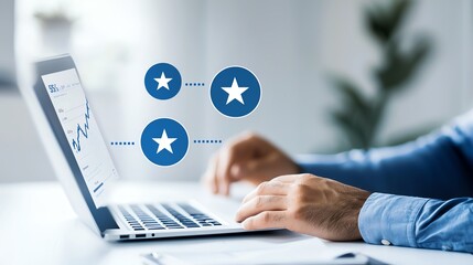 A professional individual engages with data analytics on a laptop, symbolizing performance measurement through star ratings. Ideal for corporate and technology-related projects.