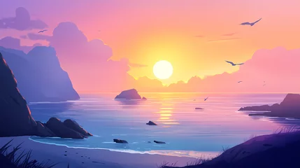 Fototapeten Breathtaking coastal landscapes dynamic vibrant tranquil shores inviting exploration adventure, beach, ocean, sea, seascape, waves, sunset, horizon, water. Sapphire Shores. Illustration © Thiago