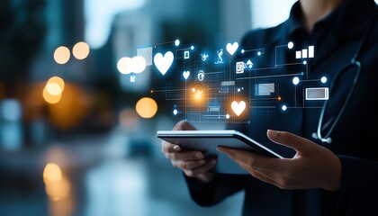 A professional individual interacting with a digital tablet displaying health-related icons, symbolizing the fusion of technology and healthcare in modern society.
