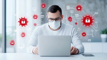 A professional man in a face mask working on a laptop. Surrounded by digital security icons, emphasizing the importance of cybersecurity in today's remote work environment.
