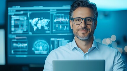 Obraz premium A professional man with glasses smiling confidently in a modern office setting, surrounded by digital screens displaying data and analytics, representing technology and innovation.