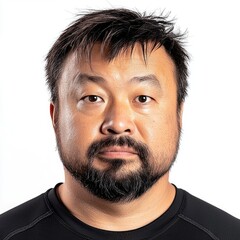 Fototapeta premium Portrait of a man with short black hair, beard, and serious expression against a white background