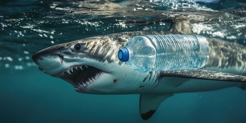 Naklejka premium A striking underwater image of a shark with a plastic bottle, highlighting the urgent issue of marine pollution and its impact on wildlife.