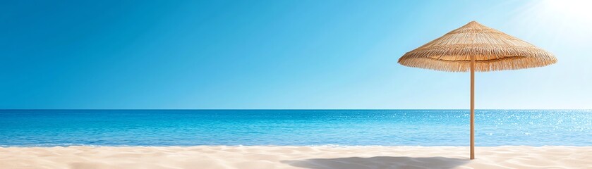 Obraz premium A serene beach scene featuring a straw umbrella on a golden sandy shore