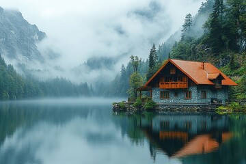 Naklejka premium Cabin by lake, foggy mountains background, scenic landscape, possibly real estate, travel