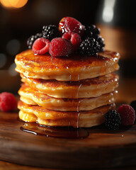 Fluffy Pancake Stack with Fresh Berries and Drizzled Maple Syrup