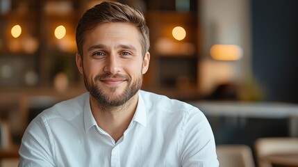 A smiling young man in a casual shirt sitting in a modern cafe, exuding warmth and approachability. The background features soft lighting and an inviting atmosphere.