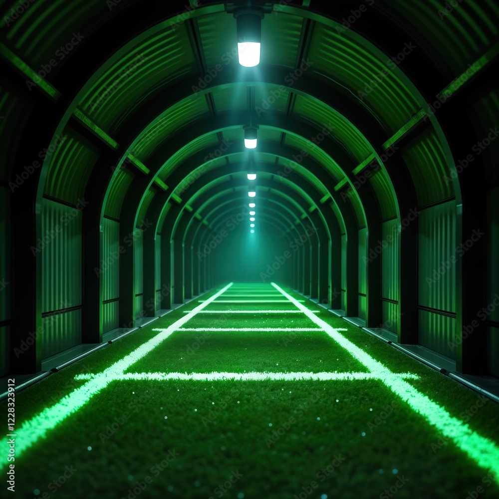 Poster empty tunnel with green turf. futuristic corridor illuminated by green lights. lines of football fie
