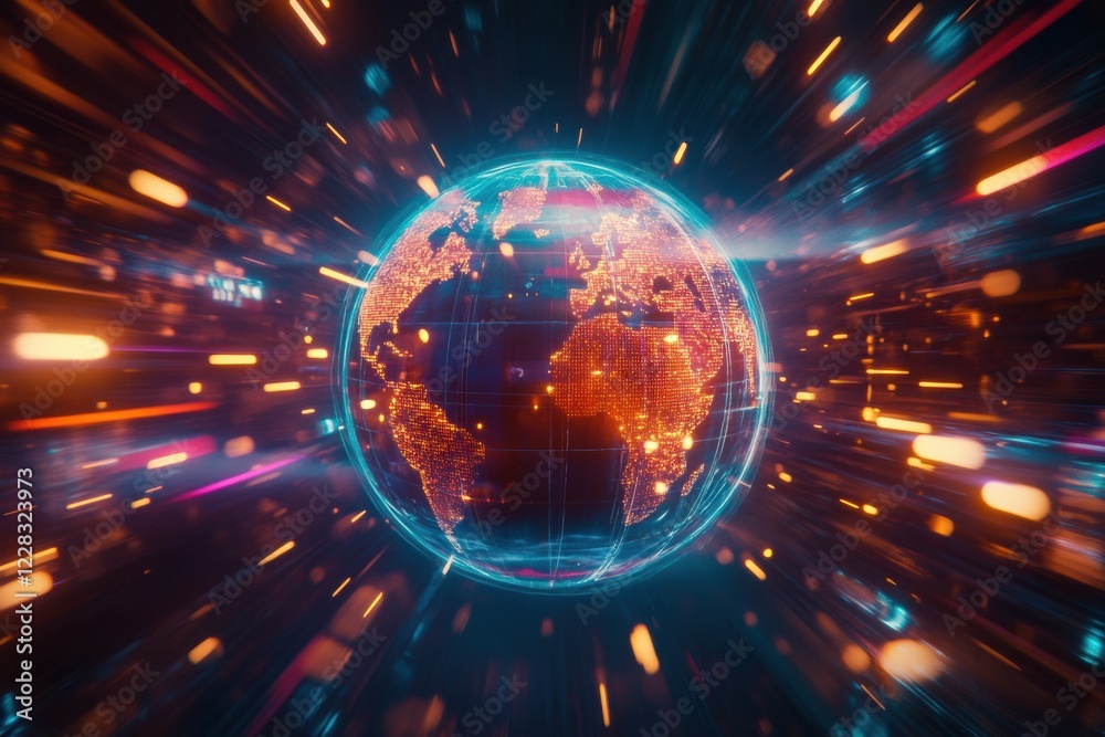 Leinwandbilder Spinning globe illuminated by glowing contour lines with a dynamic background of light trails. Generative AI