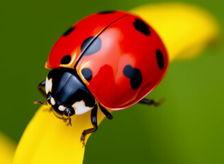 Fototapeta premium Detailed macro photograph showcasing a vibrant ladybug perched on a yellow flower petal, surrounded by lush green background