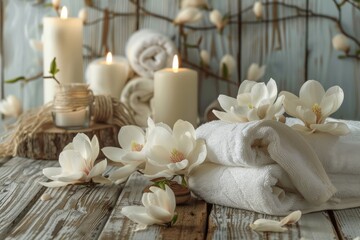 Obraz premium Create a calming ambiance by adding candles and fragrant magnolia blossoms for a serene spalike atmosphere that promotes relaxation and comfort. Enjoy a tranquil and cozy setting